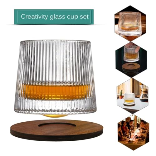Image of 360 Rotating Whiskey Glass - Set of 4, 170ml, Spinning Crystal Tumbler for Whiskey, Bourbon, Scotch & Cocktails - Elegant Barware Gift (4, Rotating Line)