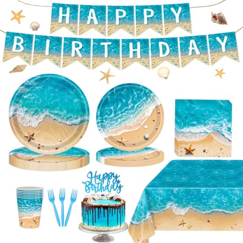 Beach Party Decorations, Ocean Themed Party Decorations Include Plates Napkins, Cake Topper, Cups Banner Tablecloth for Hawaiian Pool Summer Birthday Party Supplies, Serve 20