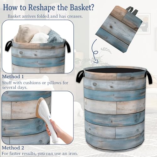Image of Rustic Wood Grain Laundry Basket,Foldable Waterproof Oxford Cloth Tote Bag Vintage Barn Wooden Laundry Hamper with Handles,20.8 inchx16 inch Clothes Storage Bucket Organizer for Laundry Room Bathroom Bedroom
