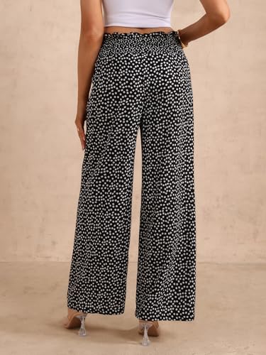 Women's Floral Print Wide Leg Flowy Pants Shirred High Elastic Waist Boho Trousers2