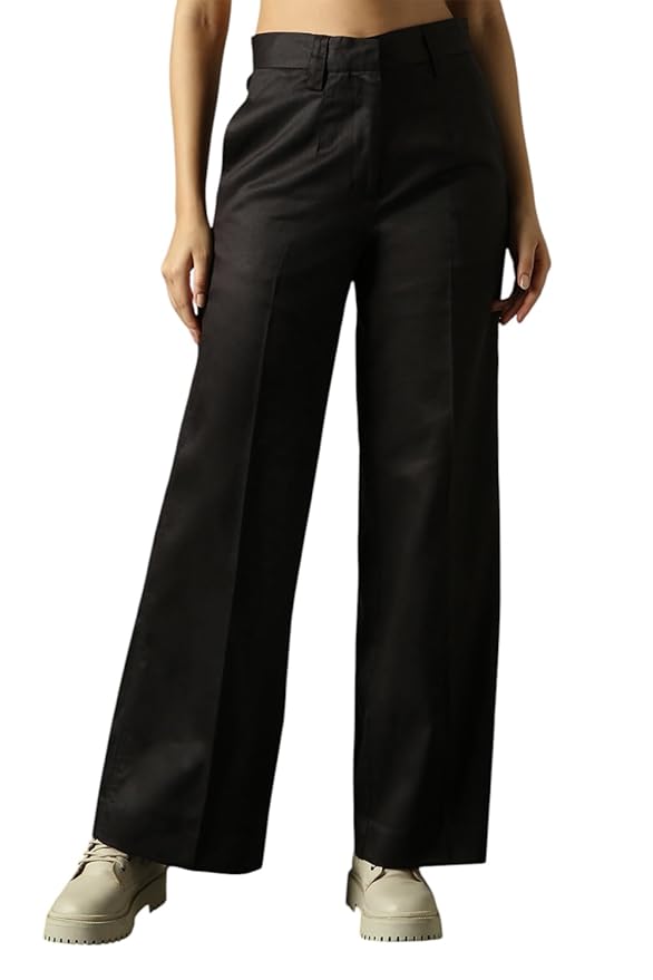 High Star Women High Rise Solid Regular Length Wide Leg Casual Trousers