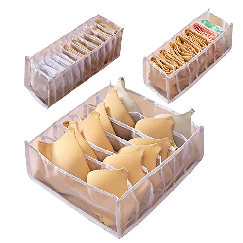 Rihihi 3 Set Foldable Underwear Drawer Organizer,Bra Organizer for Dresser Drawers,Sock Drawer Organizer,Underwear Storage Organizer,with 6/7/11 Compartments Nylon Divider Box Socks (White)