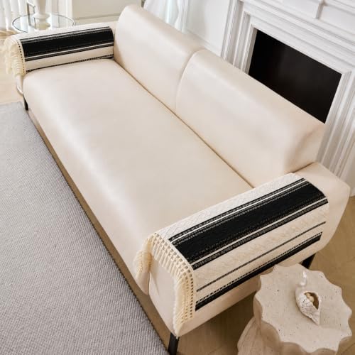 Image of HOMETHREADS Innovative European Premium Style Anti Slip Cotton Sofa Cover Mat with PVC Backing for Non-Slip Comfort (Black, 2Pc Armrest Mat | 70x50cm)