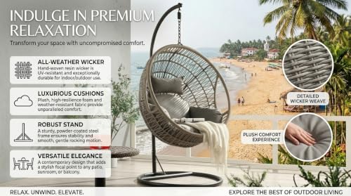 Image of UNIVERSAL FURNITURE Hanging Egg Swing Chair with Stand, Woven Wicker Rattan Style Swing with Cushion, Freestanding Indoor Outdoor Hanging Chair for Patio, Balcony, Garden & Porch (Beige & Grey)