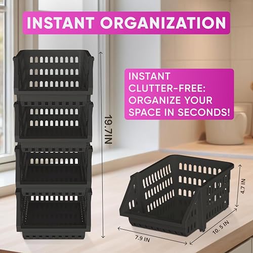 Skywin TidyFriend Small Plastic Stackable Storage Bins for Pantry,4 Pack Open Front Storage Bins, Toy Organizers, Kitchen, Bathroom Essentials (Black)