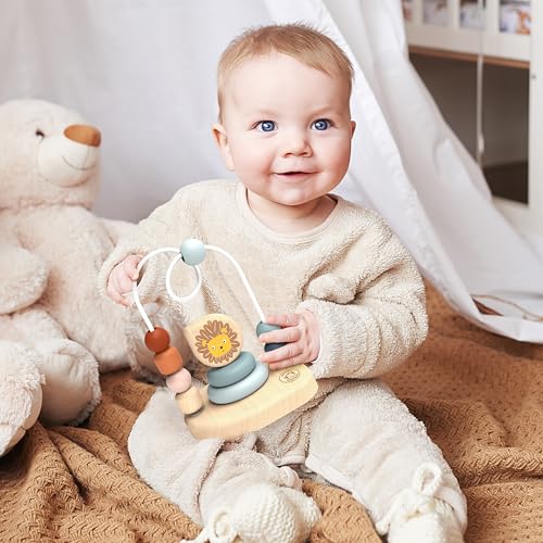 Image of Speedy Monkey Lion Bead Maze, Colorful Wire Frame Toy with 7 Soft Beads, Promotes Dexterity, Hand-Eye Coordination & Color Recognition, Non-Toxic Paint, Ideal for Kids 1-3 Years | 7 sliding beads, wire frame, lion theme, wooden bead maze, montessori toys, preschool toys, dexterity color recognition