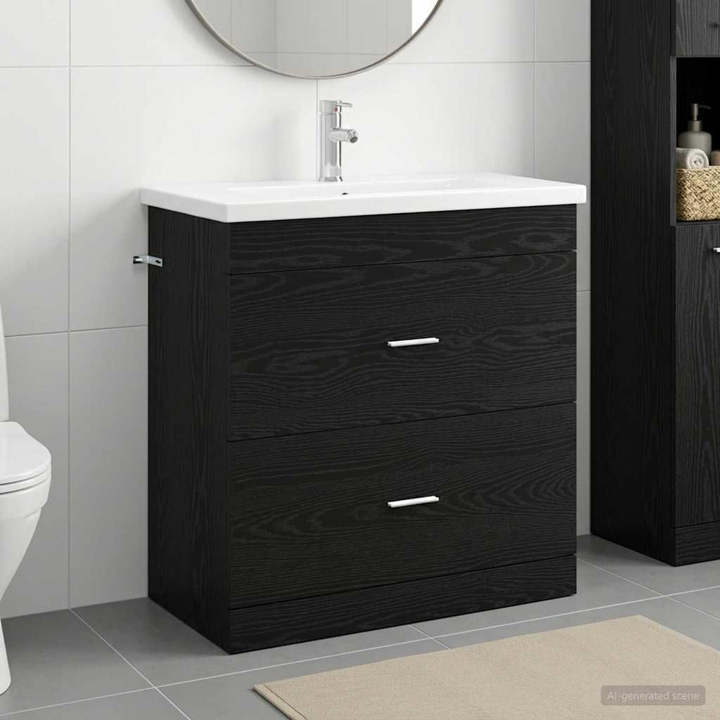 Badmöbel Set mit Waschbecken 2-teilig Schwarze Eiche 81 cm | Kompakter Waschplatz aus Holzwerkstoff mit 2 Schubladen für Ihr Bad, Gäste-WC oder modernen Wellnessbereich.