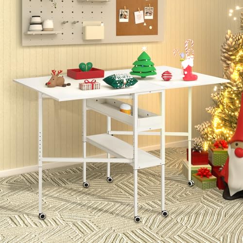 MELLCOM Height Adjustable Craft Table with Storage Shelves, Mobile Folding Cutting Table for Large Fabric, Foldable Table for Home Office Sewing Room Craft Room - Thumbnail 2
