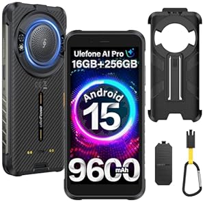 Ulefone RugKing Outdoor Smartphone Android 15 AI Rugged Handy, 9600mAh 16GB + 256GB/SD-2TB, Octa-Core 50MP + 8MP 5,99 Zoll mit 126dB Lautsprecher, Taschenlampe/3 Kartenfächer/IP68/IP69K/OTG...