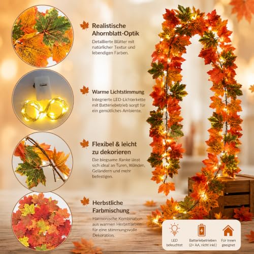 Herbstdeko, Herbstgirlande mit LED Lichterkette 175 cm Ahornblätter Girlande, Girlande Herbst mit 50 Ahornblättern, Herbst Deko für Tür Kamin Fenster Treppe Erntedank Halloween Innenraum Dekoration – Bild 3