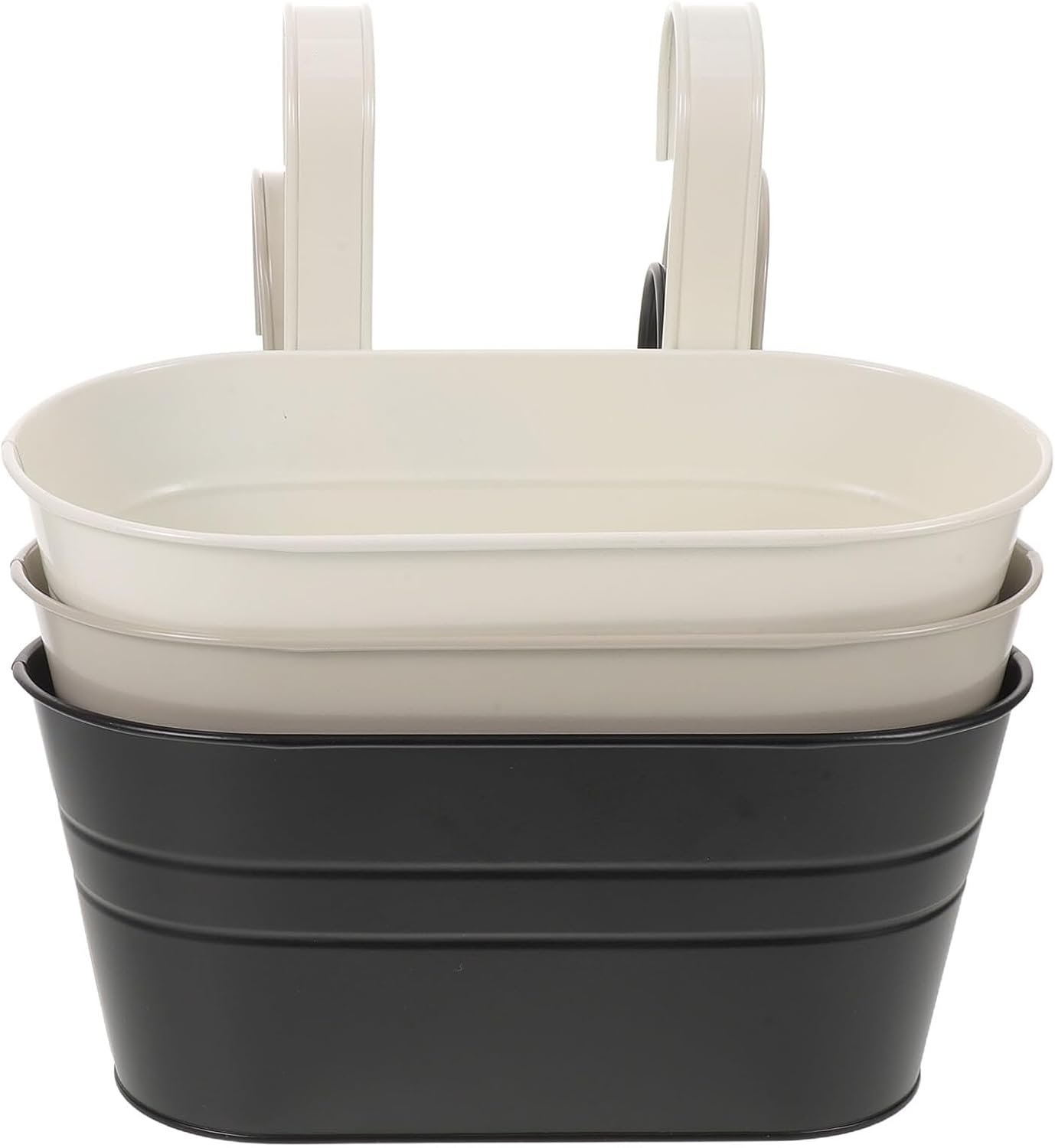 3pcs Metal Hanging Flower Pot Bucket with Detachable Hooks, Oval Outdoor Balcony Railing Planters with Drainage Holes for Garden and Patio Decor