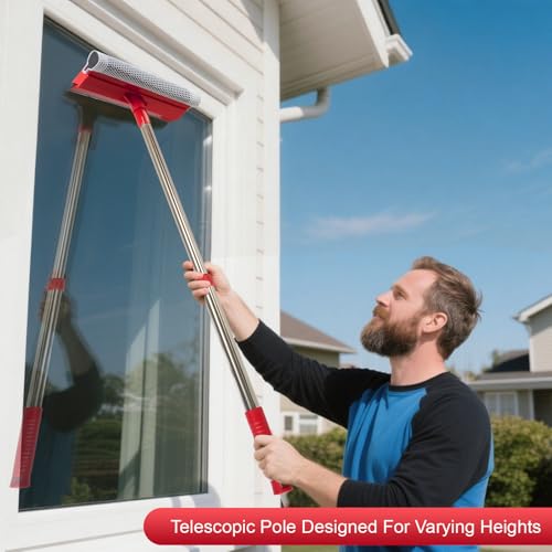 Image of Professional Standard Window Squeegee,2-in-1 Window Cleaner Sponge and Soft Rubber Strip with Retractable Stainless Steel Handle(15.7 inch-27.5 inch) for Gas Station, Glass,Shower,Outdoor Window Cleaning