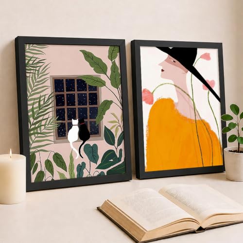 Image of PAINTINGMANTRA Girl with Hat Green Leaf Framed wall art Painting for Kids Room, cartoon Wall Art For living room, Office, Set of 2, 13x18 Inch