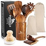 Fox Skills Wooden Kitchen Utensils - 11-Piece Cooking Set - Durable Natural Teak Wood Cookware with...