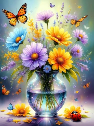 Image of MYBISYMQQ Stamped Cross Stitch Kits for Adults Beginners - Sunflower & Butterfly Flower Vase 11CT Pre-Printed Embroidery Kit, DIY Needlepoint Patterns for Home Wall Art Decor, 15.7x11.8 Inches
