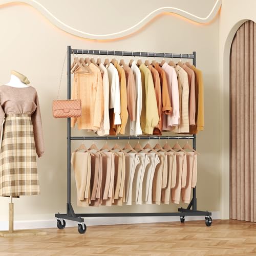 Image of Hoctieon Double Rod Z Rack, Rolling Clothes Racks with Z-Base, Adjustable Clothing Rack, Standing Clothes Rack, Metal Clothing Racks for Hanging Clothes, Portable Garment Rack, Black