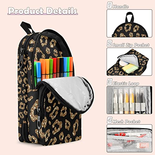 Image of Gold Glitter Leopard Black Pencil Case Big Capacity Pen Bag with Compartment Students Schoolbag Shape Stationery Organizer Pencil Pouch Marker Case for School Office Work