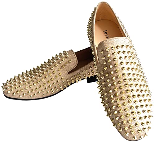 Justar Men's Leather Spikes Loafers Studded Dress Shoes Slip-On Flats Long Rivet Party Shoes #TOP4