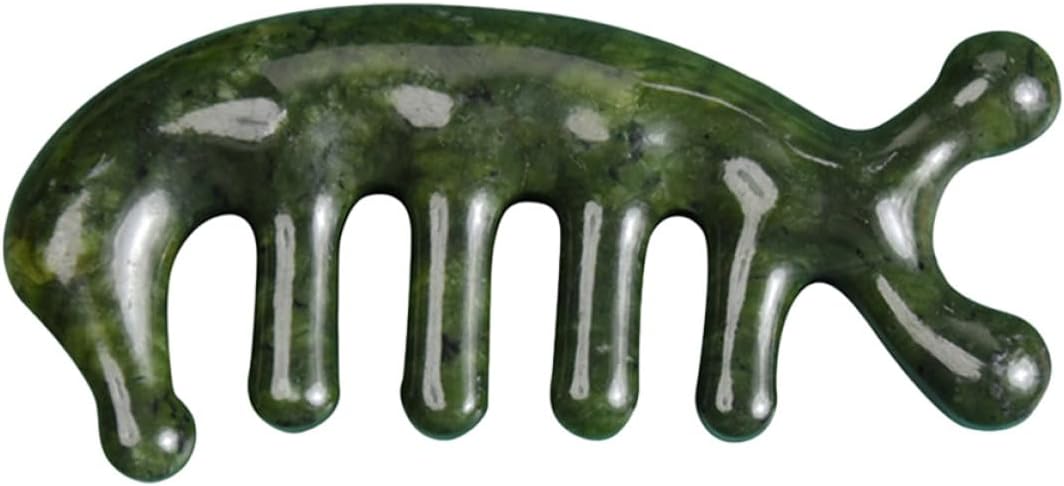 Nephrite Fish-Shaped Massage Comb 3D Scalp Scraping Tool Green Nephrite Jade Massager for Head Relaxation and Travel Use