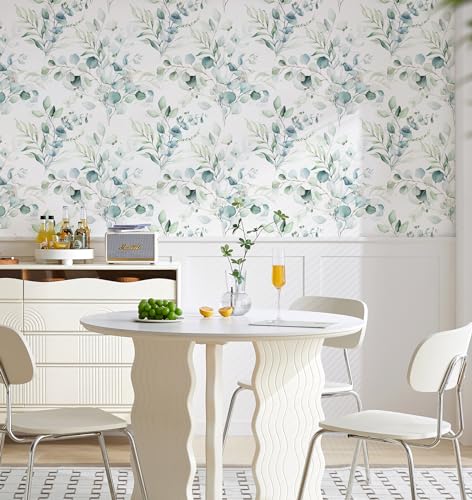 Haokhome 93042-3M Peel And Stick Wallpaper Boho Green/White Eucalyptus Leaf Floral Wall Mural Home Nursery Decor Renter Friendly Wallpaper 17.7In X 9.8Ft thumb #1