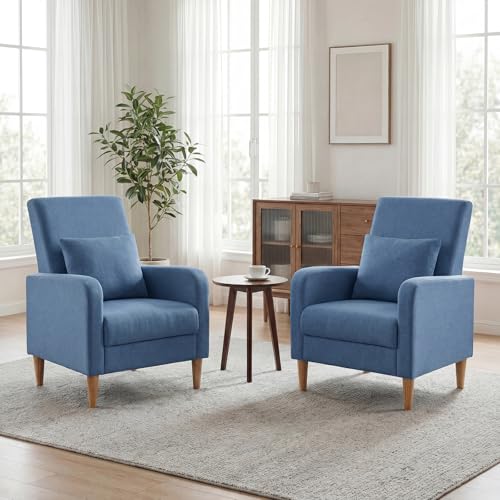 Image of COLAMY Mid-Century Modern Accent Chairs Set of 2, Fabric Upholstered Living Room Chairs with Back Pillow & Solid Wood Legs, Comfy Armchair for Living Room, Bedroom, Single Sofa, Blue