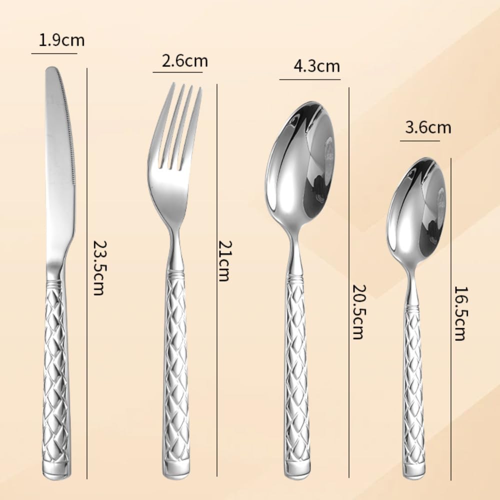 Embossed Three-Dimensional Rhombus Pattern Handle Kitchen Stainless Steel Silverware Tableware Flatware Cutlery Set Steak Knife Fork Spoon Teaspoon (Silver,4 pieces)