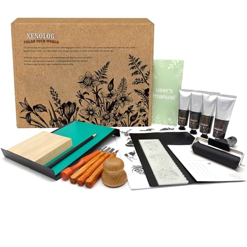 Xenolog Deluxe Block Printing kit - Premium lino Cutters, Linoleum Blocks for printmaking, Includes Printing Ink in 4 Colors, Brayer, baren, Basswood, Transfer Paper, Stencils, and Guide - Ideal Gift
