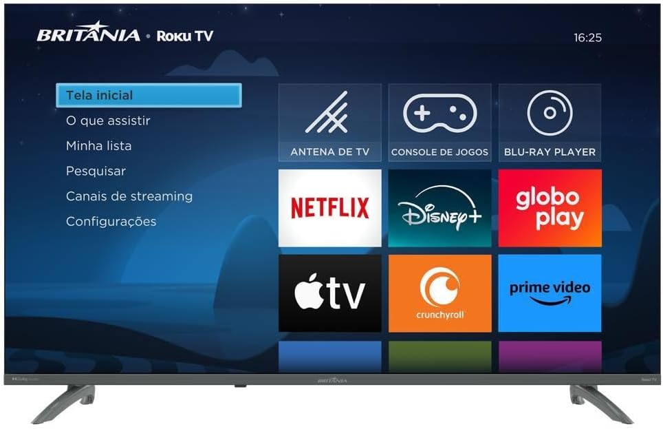 Televisor vista frontal com fundo escuro com gradiente azul e elementos gráficos sutis