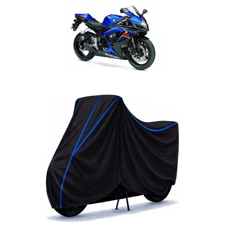 Image of Suzuki GSX R600 Bike Cover Water Resistant Universal Motorcycle Rain | Heavy Duty UV Protection, Dust, Scratch Indoor Outdoor All Weather with Black Blue Piping Elastic