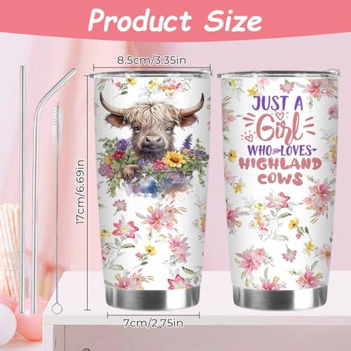 Fakcrkun Highland Cow Gifts for Women, Highland Cow Stainless Steel Vacuum Coffee Cup, 20oz Personalized Travel Mug with Straw and Brush, Insulated Coffee Cup & Wine Tumbler - Image 3
