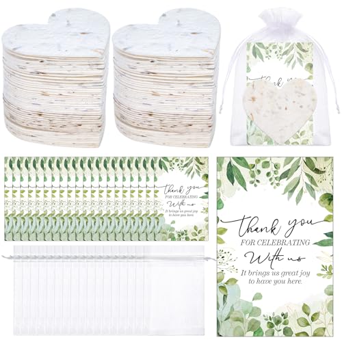 Dunzoom 50 Sets Wedding Gifts for Guests Heart Shaped Seed Paper Handmade Flower Petals Tags Plantable Wildflower Seed Paper Recycled Thank You Cards and Organza Bags for Bridal Shower Party Favors
