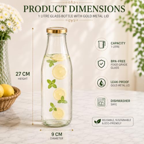 Image of Pure Source India 1 Litre Glass Bottle with Gold Metal Lid - Reusable, BPA-Free, Leak-Proof Beverage & Milk Storage Container (Set of 4)