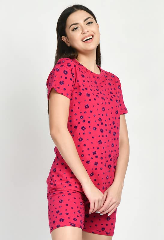 Image of IndiWeaves Cotton Printed Tops and Shorts Set Night Suit for Women (Pack of 3) Green::Caret::Red