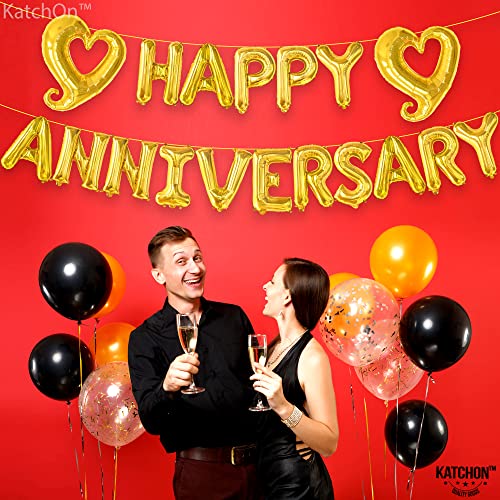 Image of Big Gold Happy Anniversary Balloons Letters - 18 Inch | Happy Anniversary Decorations Banner | Gold Heart Balloons Banner Backdrop, Gold Balloon for Party Decorations, KatchOn