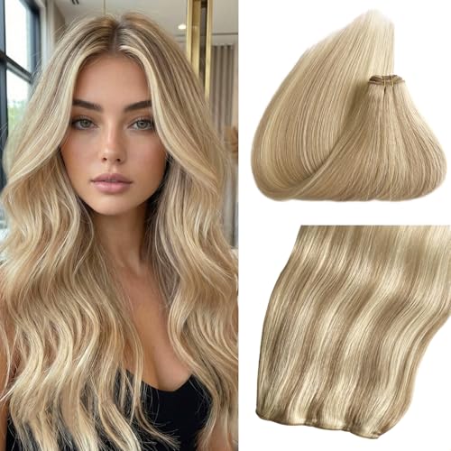 Weft Hair Extensions Human Hair for Women, 18 Inch 100g Straight Remy Golden Blonde Mix Medium Blonde Highlights Sew in Hair Extensions, Double Weft Full Head...