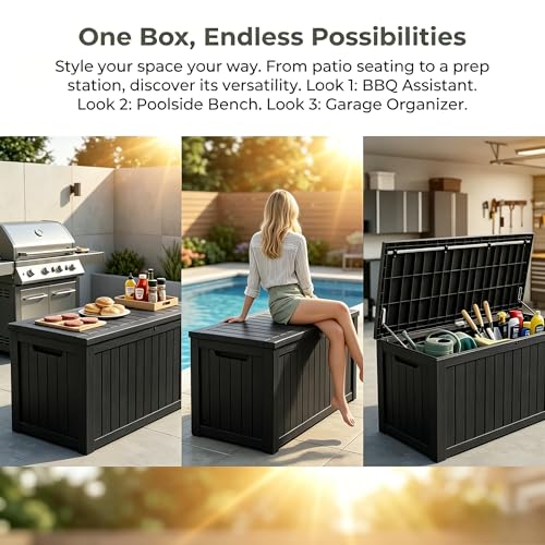 Image of 198 Gallon Resin Deck Box - Finally, a Lockable Outdoor Storage That Fits Everything (Cushions, Tools, Pool Gear & BBQ) - Weatherproof Wood Grain Design for Patio, Garden, Office, Home Indoor Outdoor