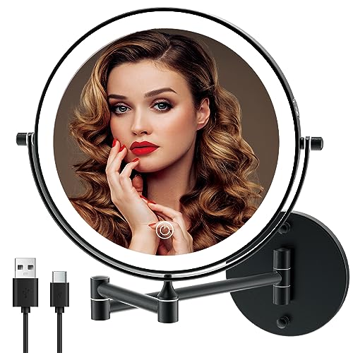 MIROAMZ Rechargeable Wall Mounted Lighted Makeup Vanity Mirror 8 Inch Double Sided 1X 10X Magnifying Bathroom Mirror, 3 Color Lighting, Touch Screen Dimming, 360 Rotation Shaving Matte Black