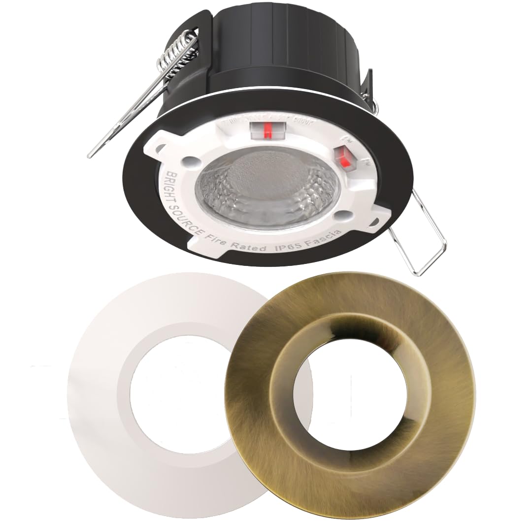 Bright Source All in One Switchable Wattage 4W/6W Integrated LED Downlight, White & Antique Brass Bezel Bundle, TRIAC Dimmable, Adjustable Colour 2700K 3000K 4000K 6000K, IP65, Fire Rated, 1 Pack