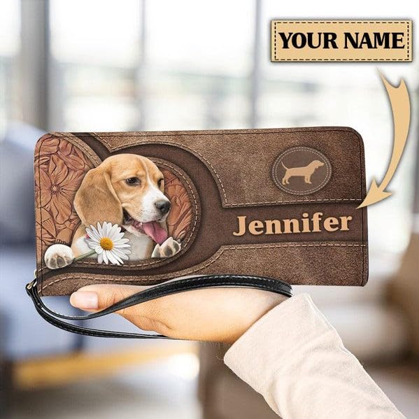 Personalized Beagle Women Leather Wallet, Beagles Dog RFID Blocking Zip Wallet, Pocket Long Ladies Clucth Wristlet, Gift for Beagle Lover Mom (Beagle), Brown, MT23682