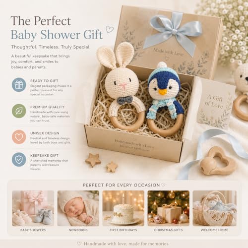 Image of Handmade Crochet Bunny & Penguin Wooden Teether Combo | Baby Teething Ring Toy | Natural Wood Infant Chew Toy | Soft Knitted Newborn Rattle Teether | Organic Cotton Baby Gift Set (Pack of 2)