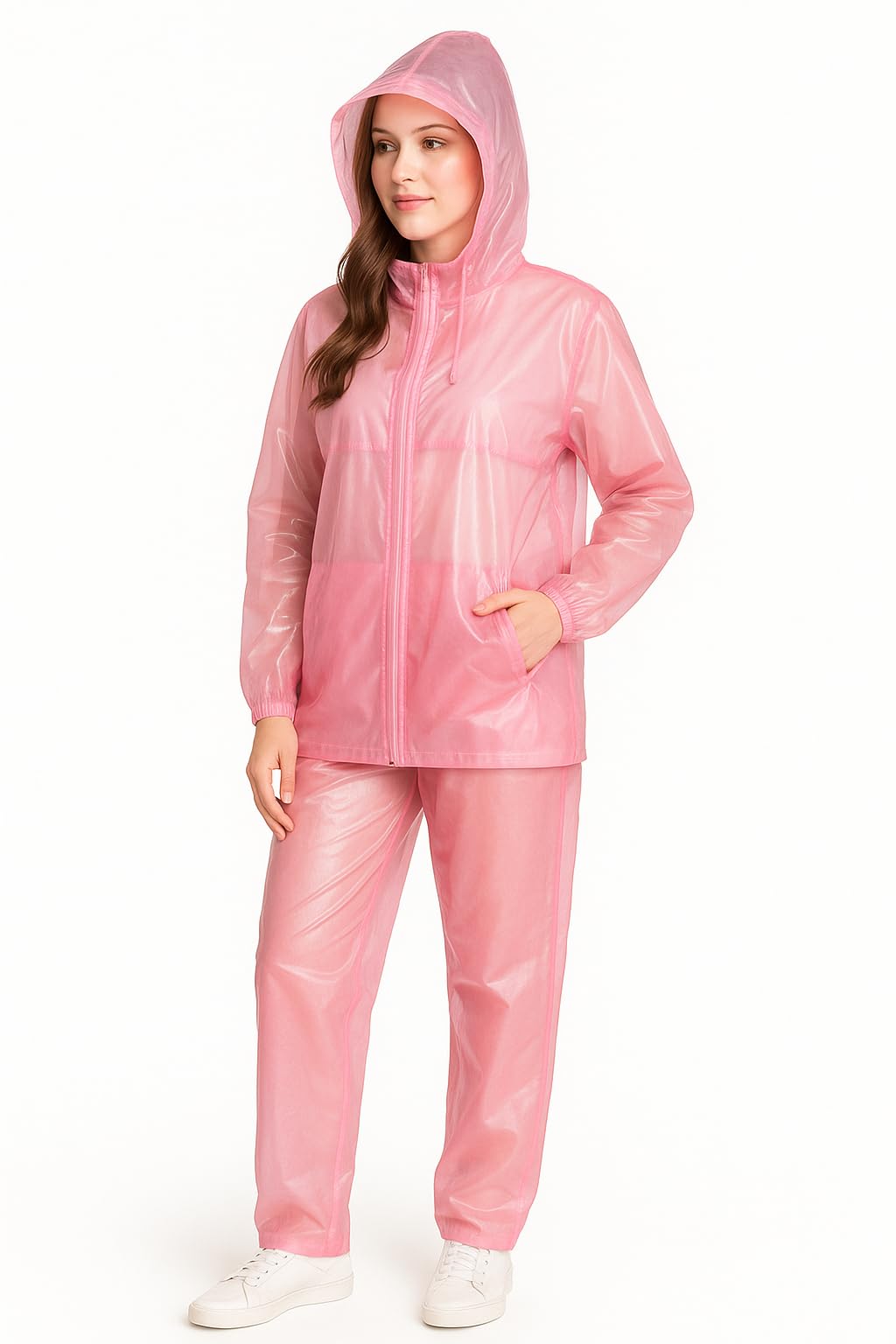 Women Waterproof Raincoat with Hood and Pants, Pink, 2 Piece Rain Suit Set with Pockets and Full Zip