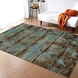 Teal Brown Vintage Wood Grain Area Rug, Farmhouse Retro Plank Indoor Rugs, Non Slip Machine Washable Easy Care Carpet for Living Room Bedroom Study Apartment Home Decor 5 x 7ft