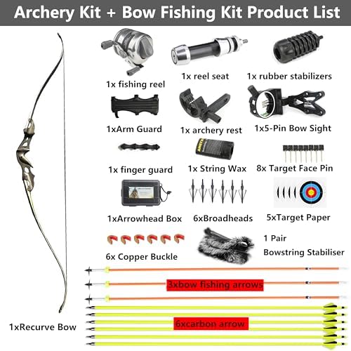 60″ Recurve Bowfishing Kits with Reel for Adults Youth Hunting Bow