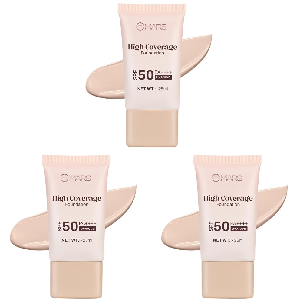MARS SPF50 PA++++ High Coverage Foundation (25ml) (02-SOFT BEIGE) | Blemish Free & Blendable Makeup | For All Skin Type | IN-VIVO Tested with 5 Star UVA+UVB Protection Boost Rating (Pack of 3)-image-10