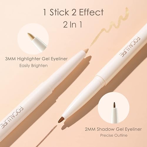 Miniatura 3 de FOCALLURE Delineador de ojos de gel de gusano de seda 3D Shaping Duo Lying Silkworm, lápiz delineador de ojos de gel suave 2 en 1, delineador de