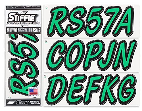 Image of STIFFIE Whipline Solid Sea Foam Green /Black 3 inch Alpha-Numeric Registration Identification Numbers Stickers Decals for Boats & Personal Watercraft