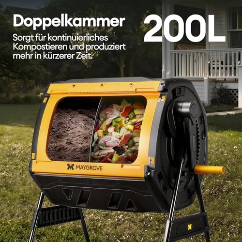 Maygrove Komposter Garten 200L Schnellkomposter mit 2 Großen Kammern und Schiebetüren Trommelkomposter 360°-Drehung mit Stabilem Stahlrahmen für Küchen- & Gartenabfälle