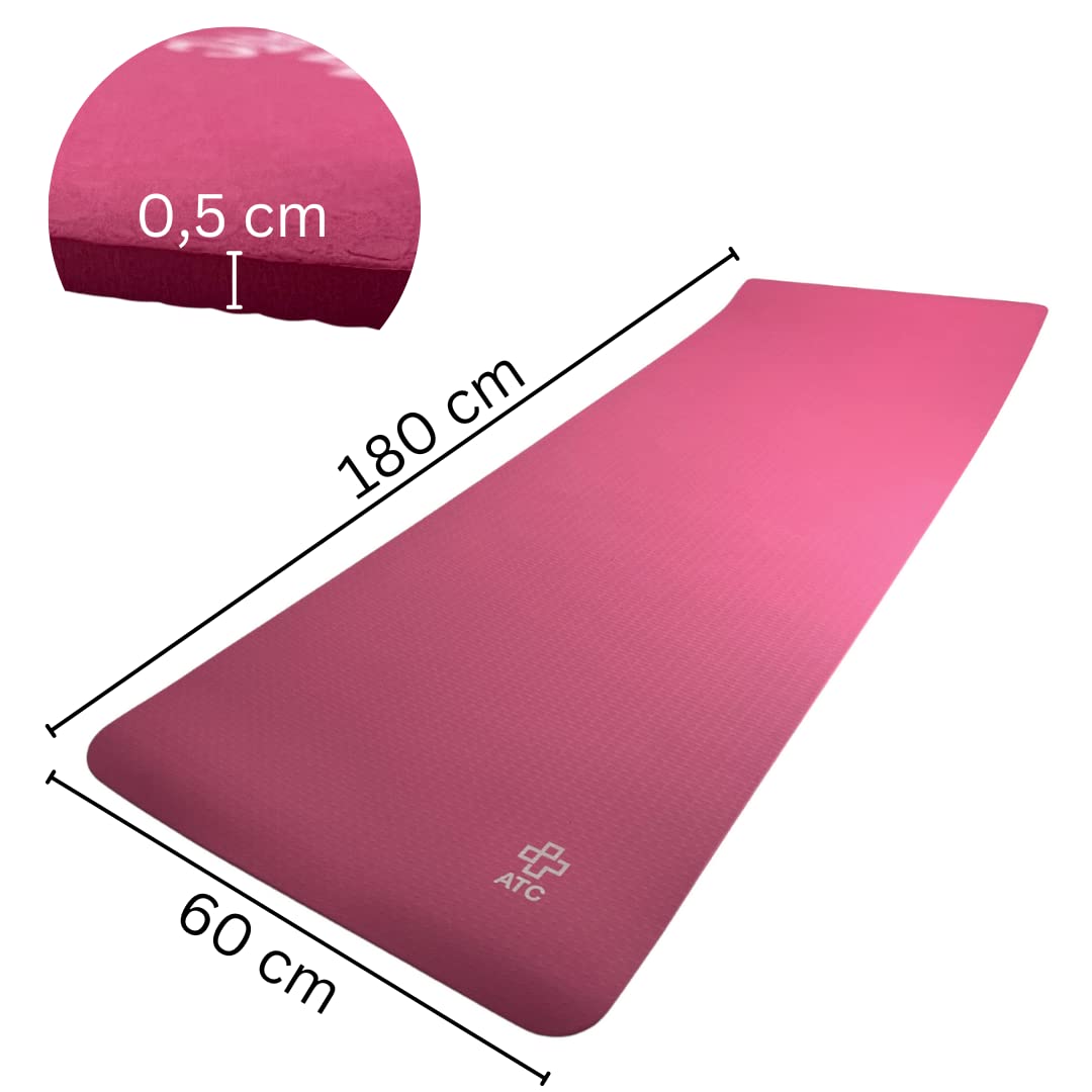 ATC Handels GmbH Esterilla de yoga 180x60x0.5 mm, incluye correa antideslizante y TPE respetuoso con el medio ambiente, esterilla de ejercicio, esterilla de pilates, 180x60x5 mm (rosa)