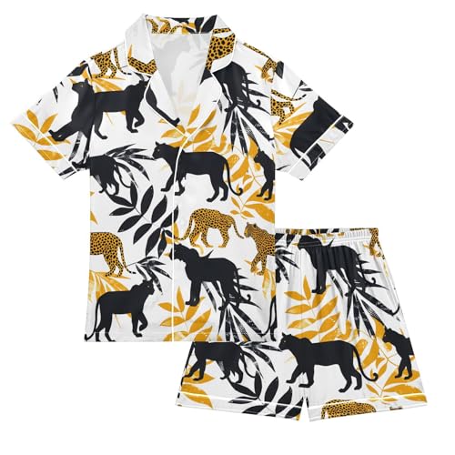ALAZA Leopard Palm Leaf Tree Satin Pajamas Set Short Sleeve Button Down Sleepwear Summer Pjs 2 Piece