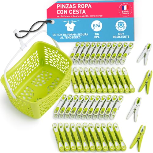 culiclean 48 Pinzas con Cesta para Tender Ropa que No Dejan Marca – Cesta Pinzas Ropa Tender – Plástico Resistente y BPA-Free –Fabricado en Francia – Pinza Eco, verde-blanco, blanco-verde, cesta verde
